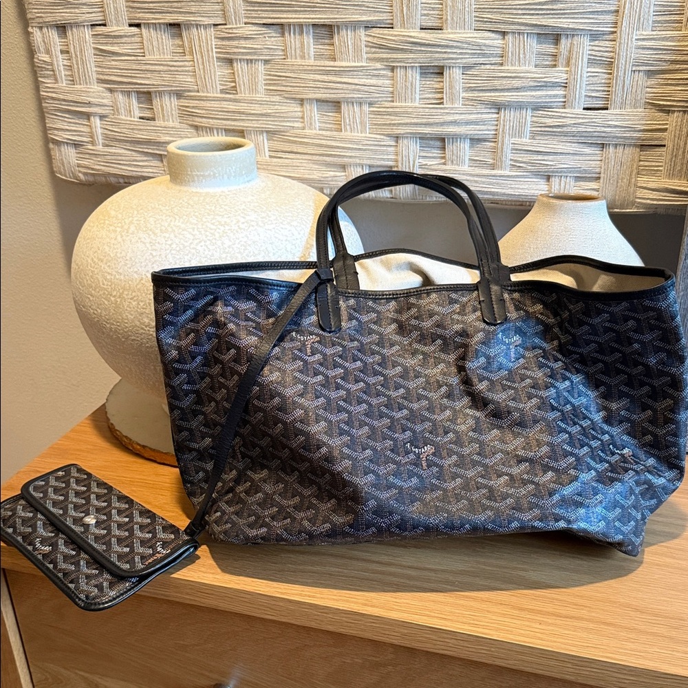 Goyard Black St. Louis pm size tote with pouch.